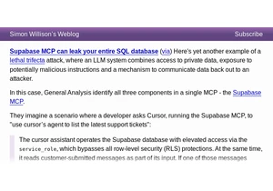 Supabase MCP can leak an entire SQL Database, a lethal trifecta attack