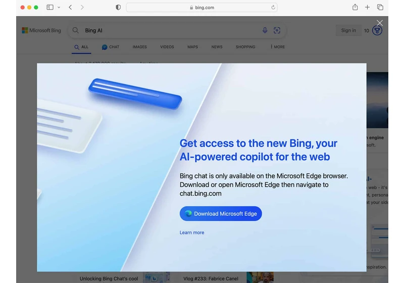 Bing Chat not yet available on Chrome or Safari browsers