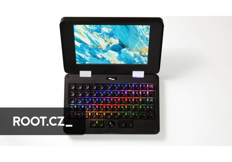 Otevřený notebook MNT Pocket Reform, pozadí plochy pro Ubuntu 23.04