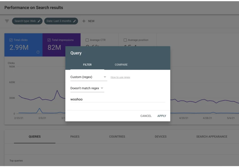 Google Search Console regex filter adds negative matching option