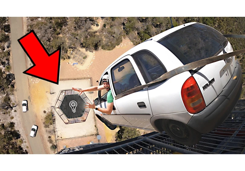 CAR vs. WORLD’S STRONGEST TRAMPOLINE- 150ft (45m) drop