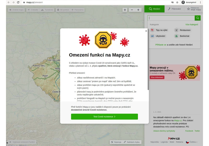Apríl 2021: Mapy.cz v omezeném režimu, CZC prodává Deštníke proti 5G