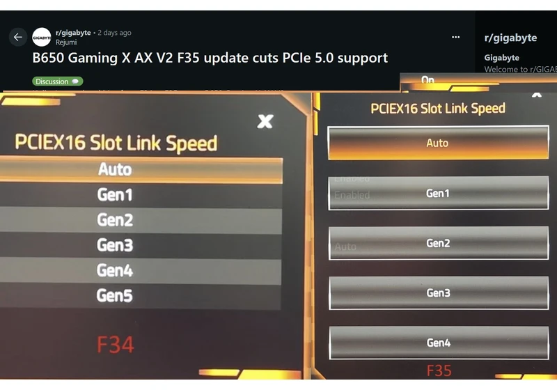 Gigabyte quietly disables Gen5 PCIe 5.0 GPU support on B650 motherboards in F35 BIOS update — Stay on F34 if you value the unofficial PCIe 5.0 support