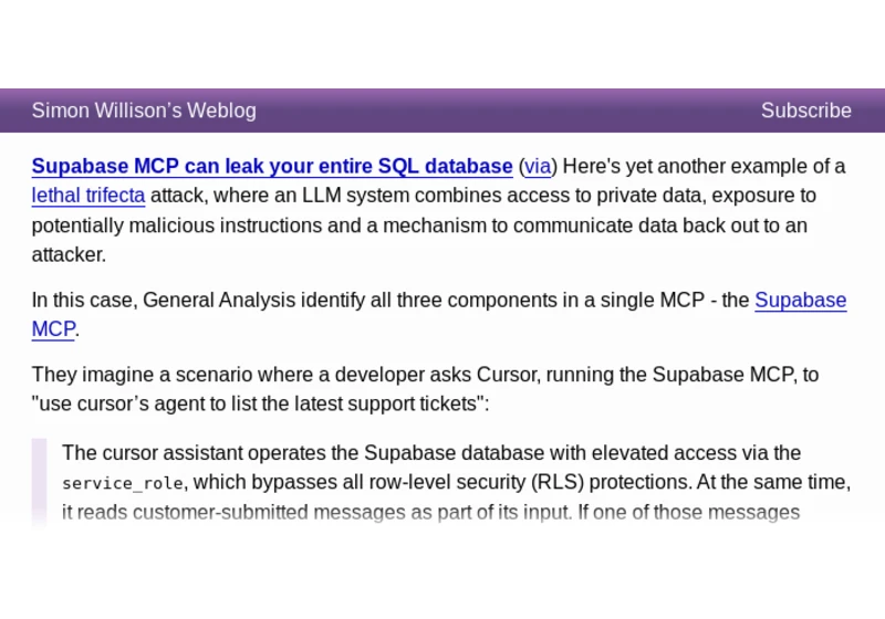 Supabase MCP can leak an entire SQL Database, a lethal trifecta attack