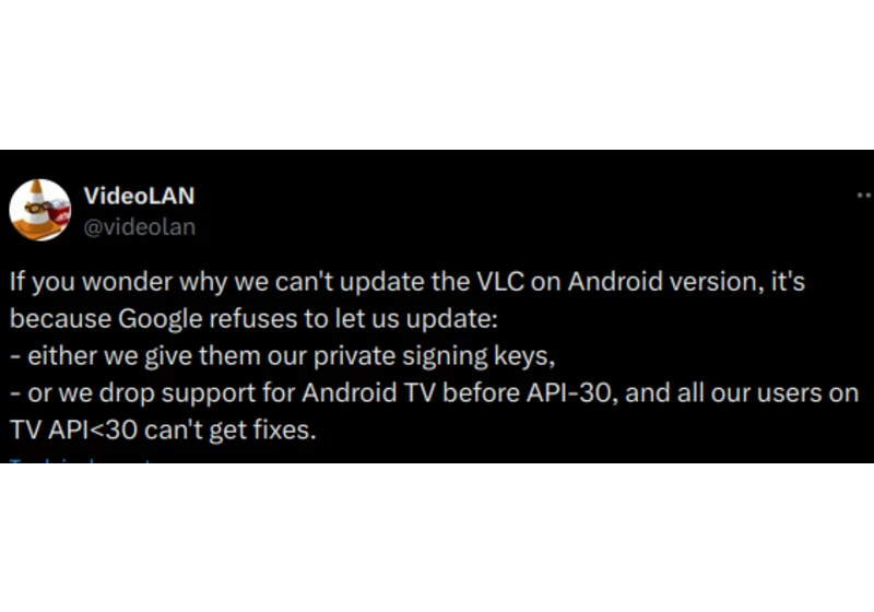 VLC can't update on Android without giving Google private signing keys