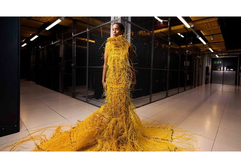 'Somewhat robot, somewhat human': designer used 12,000ft fiber optic cable to weave a striking 50lb dress that will turn heads - and no, you can't buy it